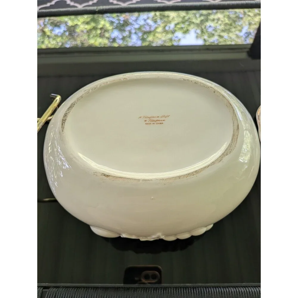 Teleflora Soup Tureen Serving Bowl Lidded Metal Rack Gold Accents Fruit Designs
